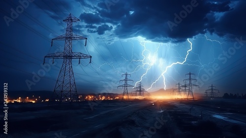 Power lines on the background of lightning. Blackout - The concept of the destruction of Ukrainian infrastructure by Russian missiles.