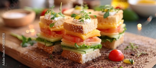 A wooden cutting board is showcased on top of a table, adorned with delicious mini sandwiches made with whole 100g bread. The sandwiches are neatly arranged on the board, ready to be enjoyed. photo