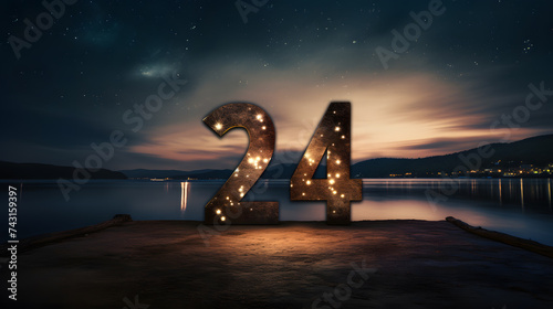 glowing number twenty four on the river bank, generative ai photo