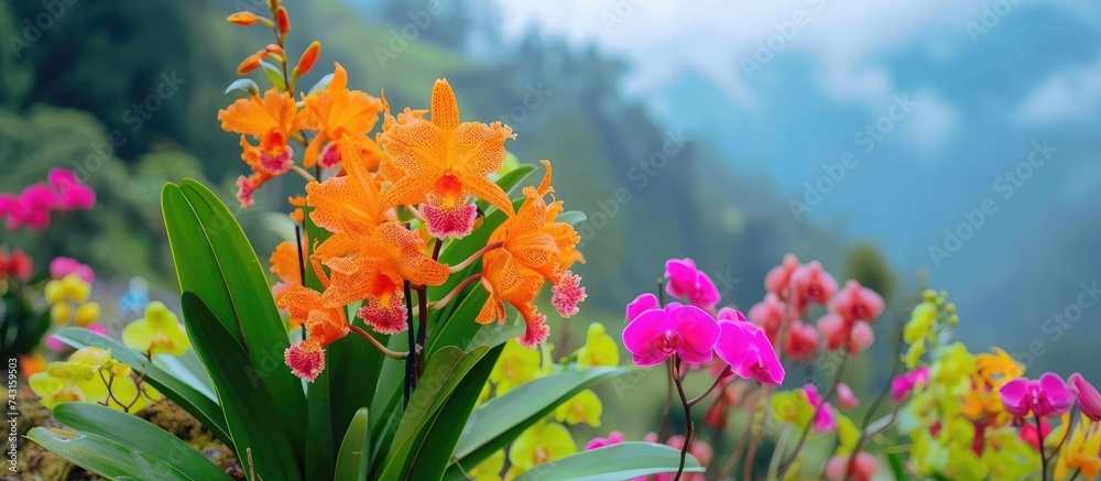 A vibrant field of colorful flowers, with towering mountains in the distant background. The flowers create a stunning contrast against the backdrop of the majestic mountains. A vibrant field of colorful flowers, with towering mountains in the distant background. The flowers create a stunning contrast against the backdrop of the majestic mountains.