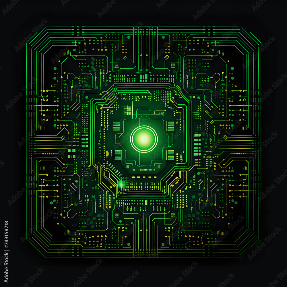 Neon Green Circuit Board. A glowing neon green circuit board design, symbolizing advanced technology and computing, perfect for tech-themed graphics and backgrounds.