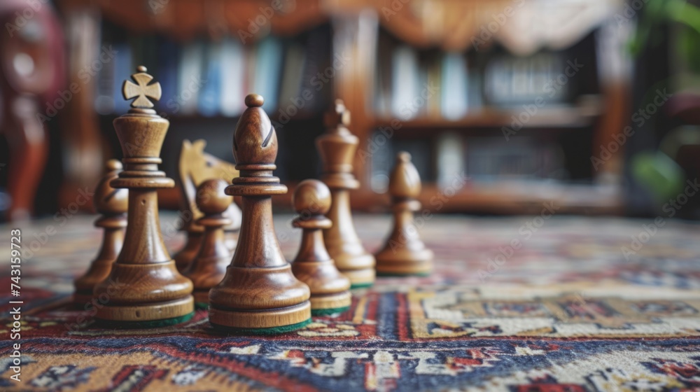 Chess board on a rug, with pieces scattered all over the board. generative ai