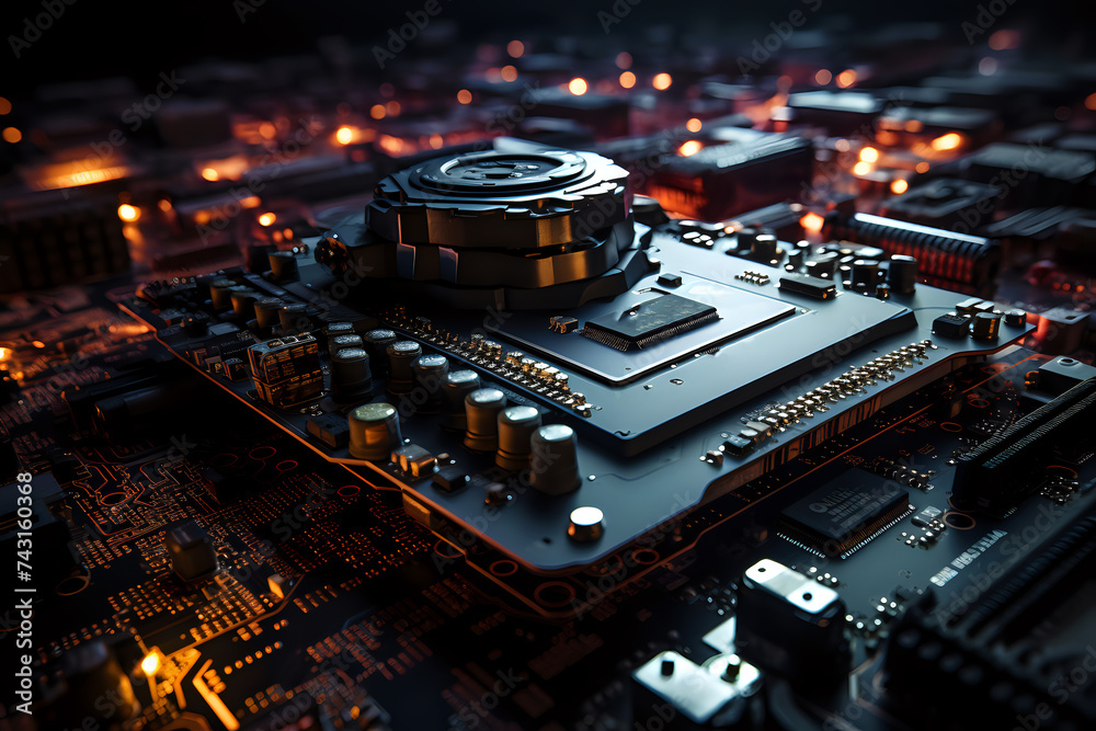 Fototapeta premium Advanced Technology Circuit Board. A visually striking image of a circuit board with a central processing unit and cooling system, highlighting the intricacies of modern computing technology.