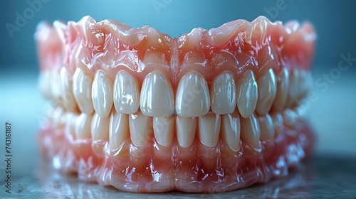 Teeth close-up, removable denture, dentistry, light background