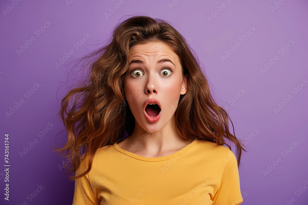 A surprised woman with a twisted mouth on a purple background.