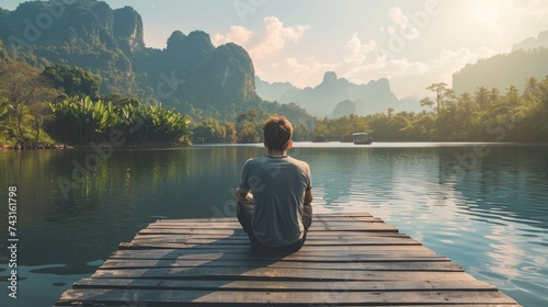 Man meditating at a stunning mountain lake photo