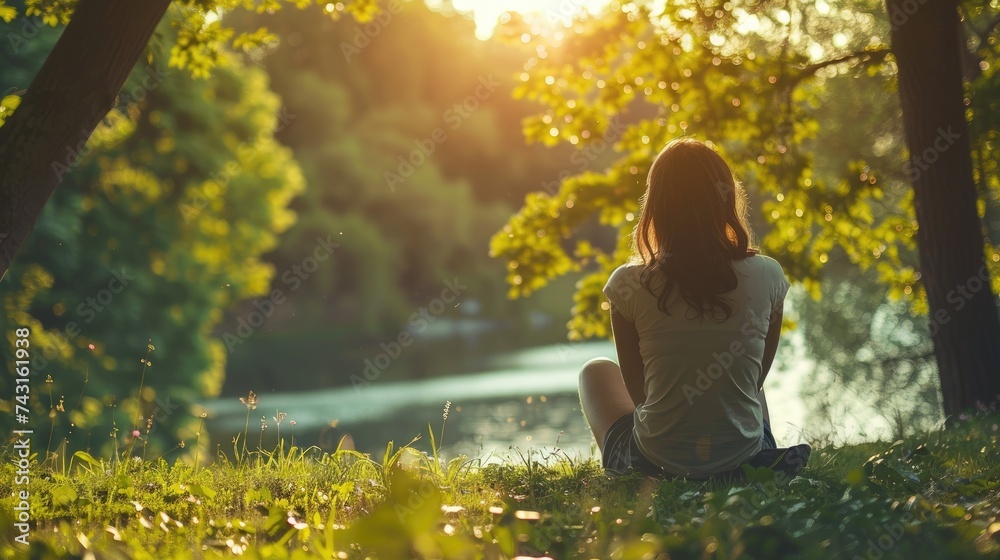 Woman siting in nature and sun gazing Woman siting in nature and sun gazing