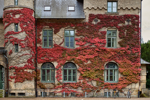 Swedish Autumn representation with a red climbing ivy on gloomy castle facade with bicycles parked in front. Autumnal castel exterior covered by red hedera climber plant shows a Scandinavian lifestyle