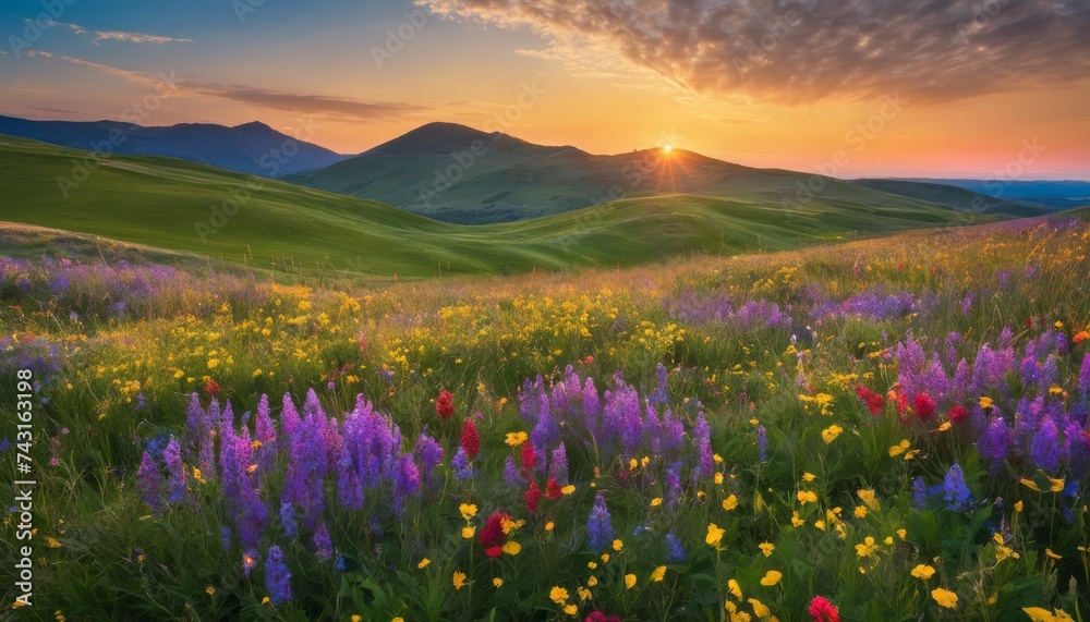 meadow, sky, wildflower, blue, green, sunlight, nature, landscape, horizon, image, ,picture, ,sunset, ,sunrise, ,background, Clear Serene Blue Sky