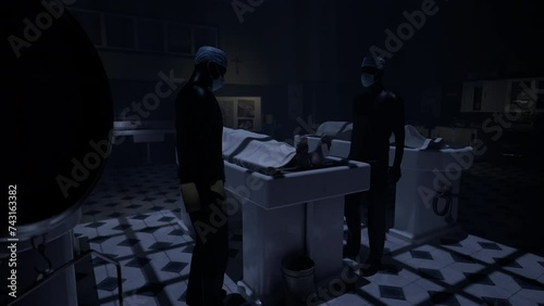 Two doctors standing in fron of a corpse in the morgue and ready to execute an autopsy photo