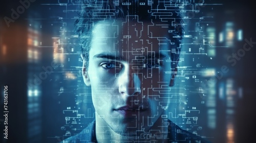 Young Male portrait with holographic data projection. Concept of digital identity, cybersecurity, and advanced computing.