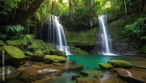 waterfall  tropical  forest  greenery  cascading  water  lush  serenity  pool  sunlight  canopy  tranquil  foliage  background  landscape  tranquility  natural