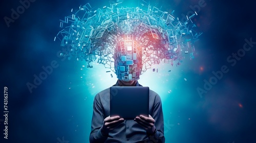 Person holding a tablet with a head exploding into digital screens. Concept of information overload, digital age, and data access.