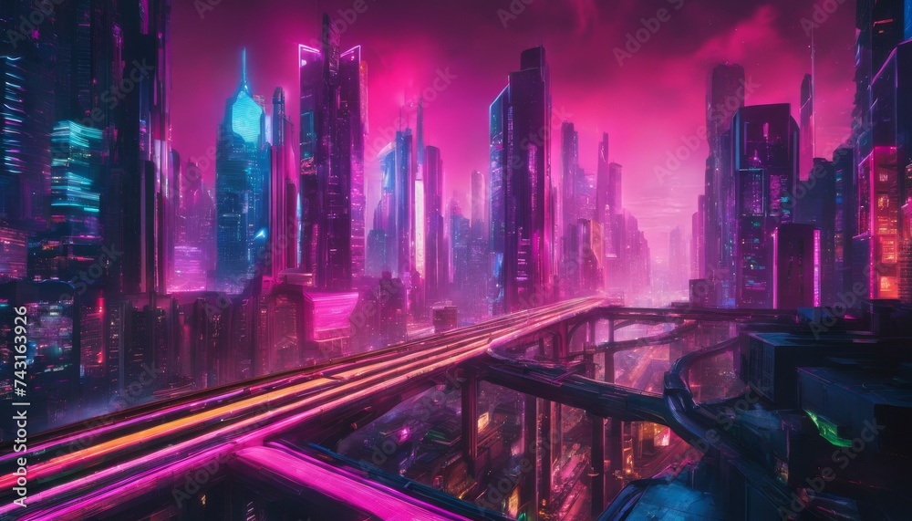night, skyscrapers, billboards, atmosphere, activity, facade, Illuminated Cyberpunk Cityscape Night: Neon Lights