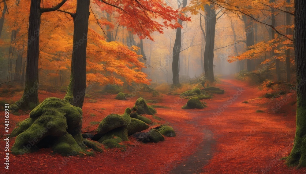 autumn, forest, fallen, path, foliage, leaves, trees, rural, leaf, footpath, horizontal, way, color image, colours, red, orange, yellow, background
