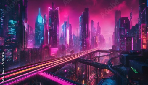 night, skyscrapers, billboards, atmosphere, activity, facade, Illuminated Cyberpunk Cityscape Night: Neon Lights