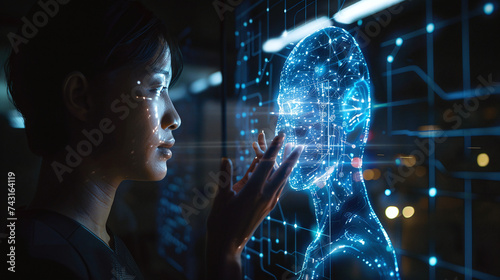 technologiy with ai information of face scan of female person photo