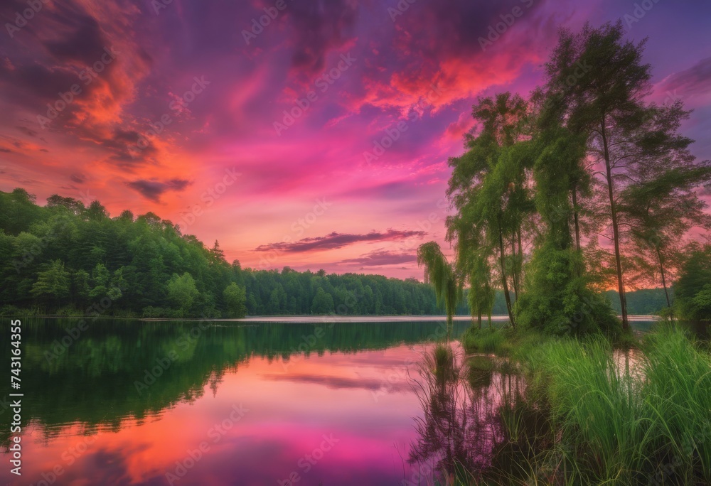 Obraz premium landscape, lake, sunset, greenery, sky, reflection, trees, water, tranquility, serenity, orange, pink, purple, ecosystem, plants, shades, masterpiece, warmth