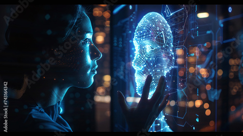 technologiy with ai information of face scan of female person photo