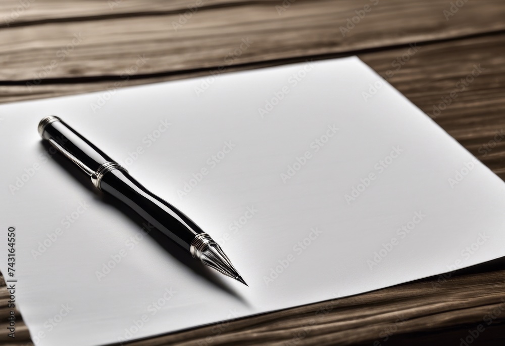 A solitary pen poised gracefully atop an expanse of untouched blank paper, awaiting the stroke of creativity on a wooden table A solitary pen poised gracefully atop an expanse of untouched blank paper, awaiting the stroke of creativity on a wooden table