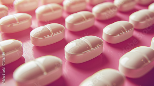 White pills in a row.  Pills on a pink background photo