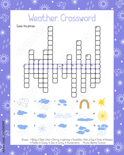 Weather crossword puzzle, word search activities vector illustration printable worksheet for kids, educational or leisure game, topical English environment, climate weather forecast vocabulary