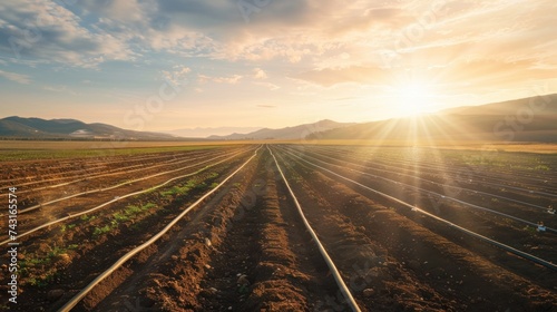 An extensive agricultural field primed for planting bathed in the gentle sunlight, adorned with irrigation pipes meticulously laid out across the soil