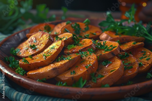 Rustic Scene of Cooked Sweet Potatoes in a Bowl photo