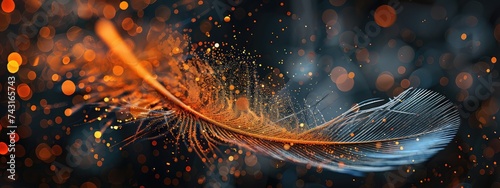 Futuristic Abstract of an Orange Glittering Feather on a Black Background, Textured Canvas in Light Sky-Blue and Light Gold Tones photo