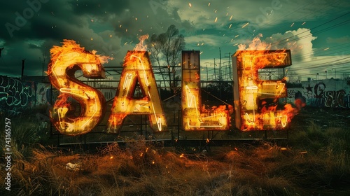  flames spell out the word sale, in the style of photo-realistic landscapes photo