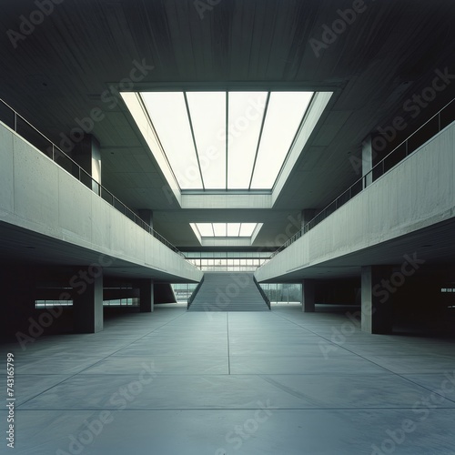 a large concrete building with a staircase