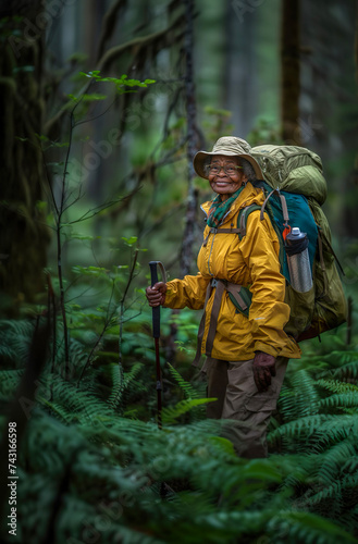 A retired black woman walks in the forest to stay in shape during the summer