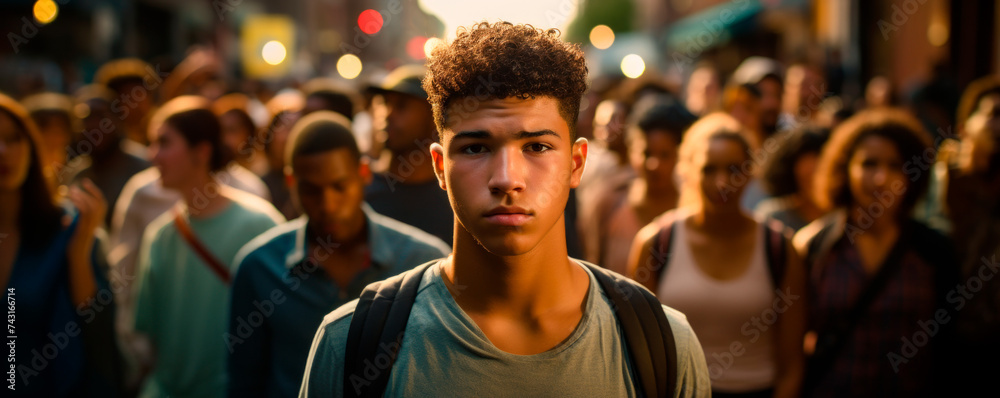 A young man stands centered and focused amidst a blurry crowd on a busy street, with a deep gaze. Medium shot, pensive, standout.
