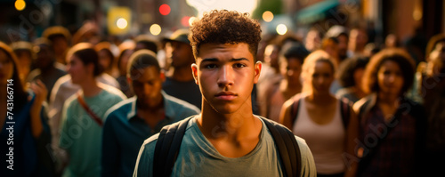 A young man stands centered and focused amidst a blurry crowd on a busy street, with a deep gaze. Medium shot, pensive, standout.