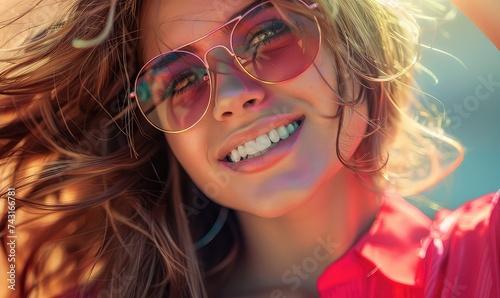 Style Portrait of a Beautiful Woman in Pink Sunglasses, Smiling Radiantly photo