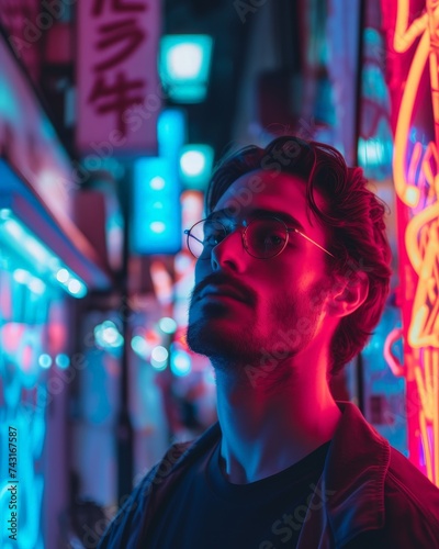a man in glasses looking up at neon lights
