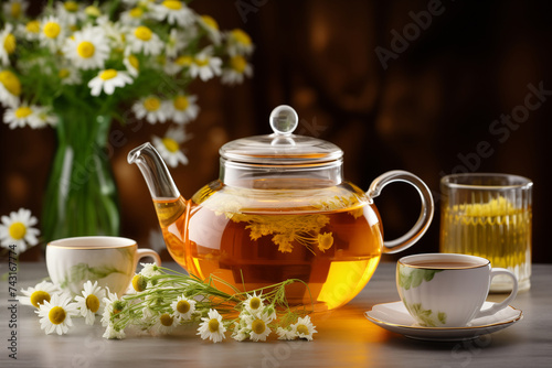 Healthy chamomile tea in glass with teapot and flowers