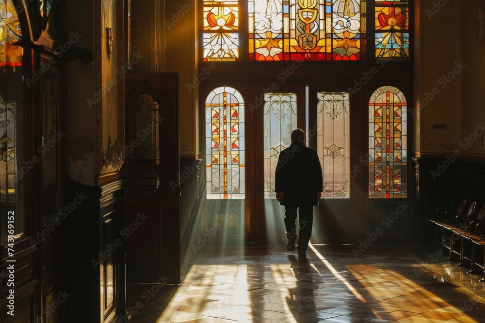 a man walking in a hallway with stained glass windows