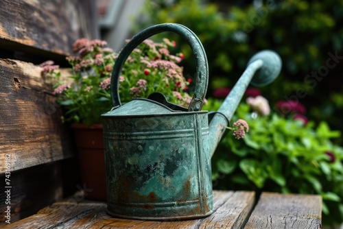 Retro Green Watering Can for Gardening on Isolated Metal Background