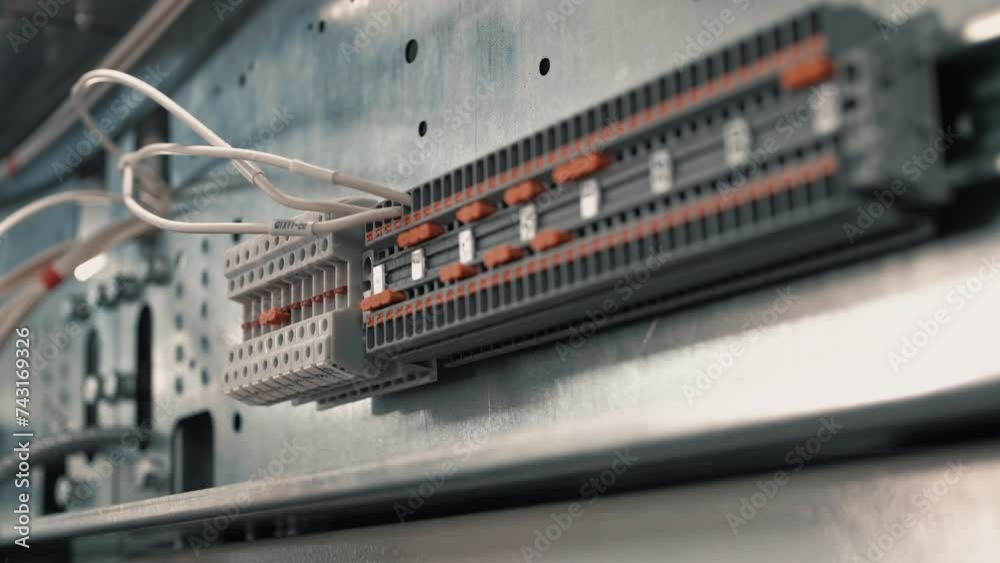 Electrician connecting a power cable terminal to a distribution panel in an electrical room. Close-up. Electrician connecting a power cable terminal to a distribution panel in an electrical room. Close-up.