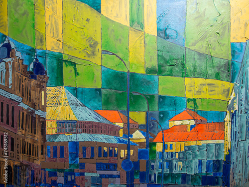 Geometric painting yellow, red, blue, grey, green, violet colors. Kyiv, Ukraine. Abstract View on the city. Ukrainian architecture, acrylic on canvas painting created by artist.  photo