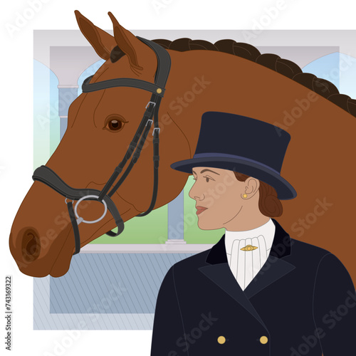 equestrian dressage, upper level horse and female rider wearing a top hat with outdoor arena in the background