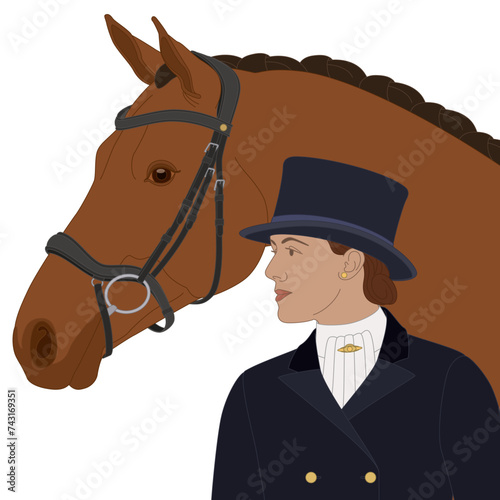 equestrian dressage, upper level horse and female rider wearing a top hat isolated on a white background