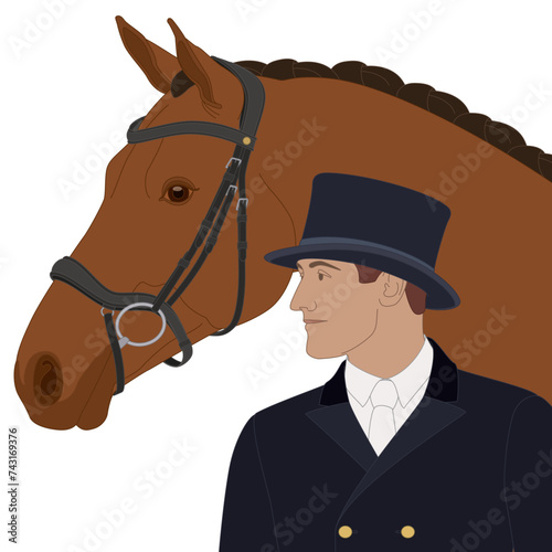 equestrian dressage, upper level horse and male rider wearing a top hat isolated on a white background