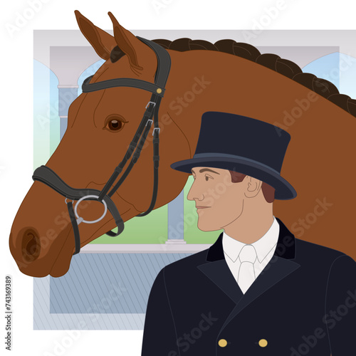 equestrian dressage, upper level horse and male rider wearing a top hat with outdoor arena in the background