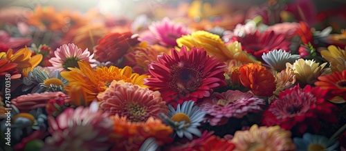 A close-up view showcasing a variety of vibrant and colorful flowers in full bloom, creating a captivating and visually stunning display. The petals, stems, and leaves of the flowers are clearly