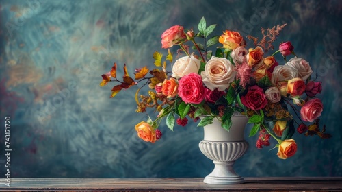beautiful white vase on a table with an arrangement of autumn flowers generative ai © Kelly