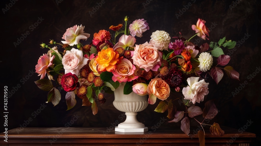 beautiful white vase on a table with an arrangement of autumn flowers generative ai