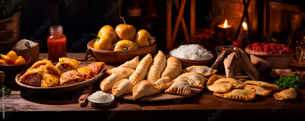 Rustic gourmet empanadas, freshly garnished with parsley, presented on a wooden table within a snug, dimly-lit ambiance, capturing the essence of homely comfort and artisanal culinary craftsmanship.