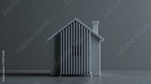 3D illustration of a home heating radiator designed in the shape of a house photo